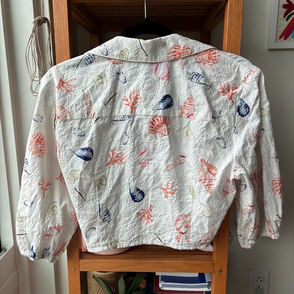 Anthropologie White Puff Sleeve Wrap Crop Blouse with Eyelet & Seashells- Size L - Picture 7 of 8
